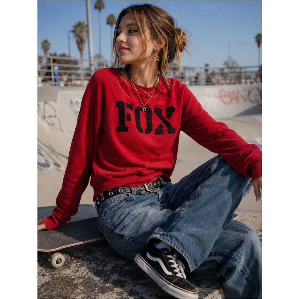 Y2K Fox Racing Red Black Logo Spellout Scoop Neck Sweatshirt Sz M Grunge Mcbling